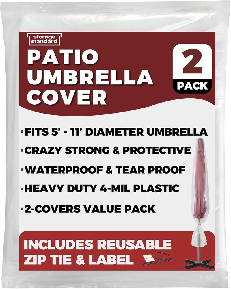 Storage Standard 2-Pack Patio Umbrella Cover Bags - Clear Outdoor Patio Umbrella Covers Waterproof, Reusable Heavy-Duty 4-Mil Plastic – Includes Zip Ties & Labels, Bag Fits 5 to 11-Foot Diameter Umbrellas - Image 2